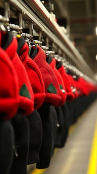 Row of bright red Christmas hats with white trim and green triangles hanging on a retail display rack. Festive holiday merchandise in store.