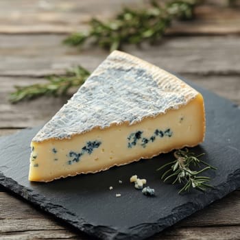 A wedge of blue cheese with visible veins of mold, placed on a slate serving board . AI generative.