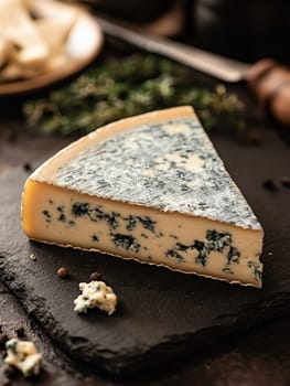 A wedge of blue cheese with visible veins of mold, placed on a slate serving board . AI generative.