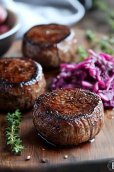 Duck fillet,red cabbage and apple mousse. AI generative.