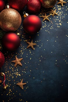 wallpaper, dark blue background with golden Christmas ornaments and red Christmas balls . AI generative.