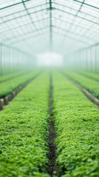 A lush, green interior of a greenhouse, filled with rows of thriving plants.