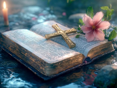 colorful open Bible with cross and flower. AI generative.