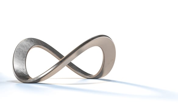 Silver metal infinity symbol shadow on a white 3d