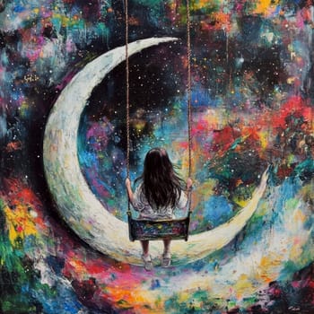 Sitting and hustling on the Crescent Moon girl, in the background the night sky full of stars. AI generative.