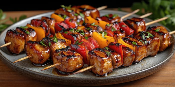 juicy honey chicken skewers . AI generative.