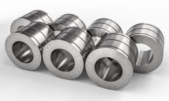 Steel metal rolls lying in  row  white background 3d