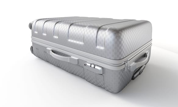 Silver suitcase laying down on white background 3d