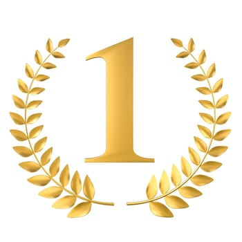 Golden number one surrounded by laurel wreath representing victory isolated 3d