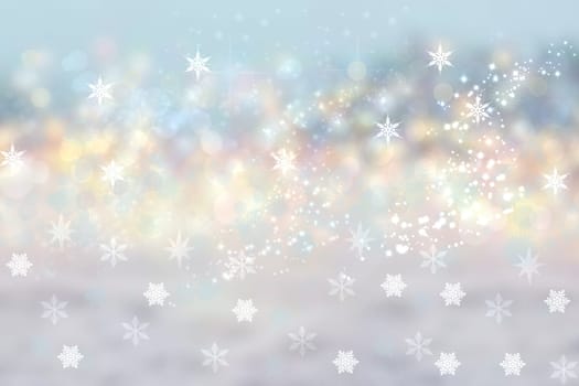 A festive abstract delicate Happy New Year or Christmas background texture with colorful gold yellow pink blurred bokeh lights and stars. Space for design. Card concept or advertising.