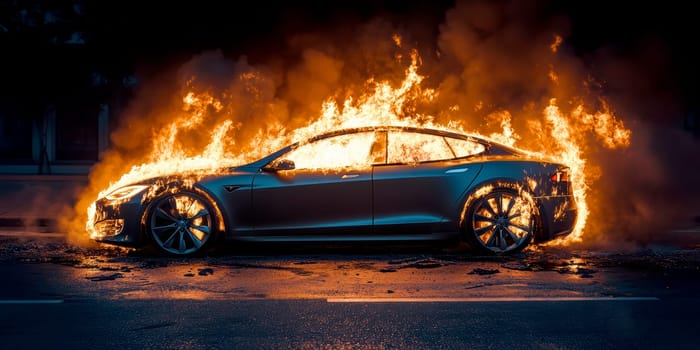 electric car engulfed in flames. AI generative.