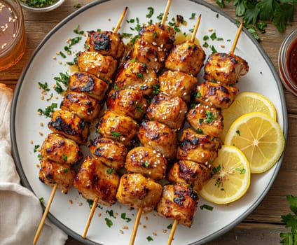 juicy honey chicken skewers . AI generative.