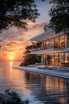 minimalist villa with sea in dawn . AI generative.