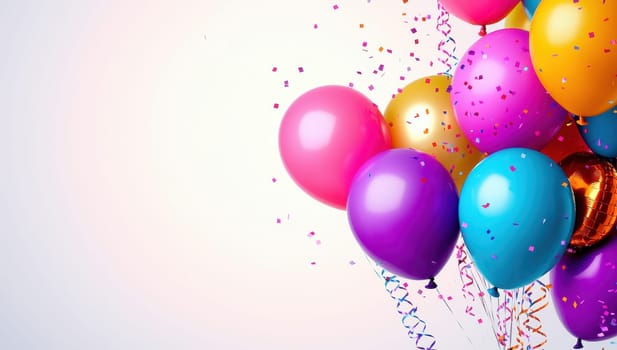 Colorful balloons and confetti on a light background