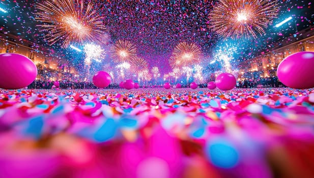 Colorful fireworks and confetti exploding over a crowd celebrating New Years Eve