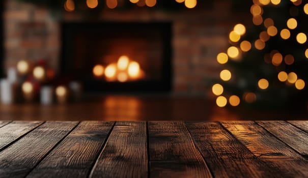 Empty wooden table in front of blurred fireplace and Christmas tree. Background for product display with festive holiday atmosphere.