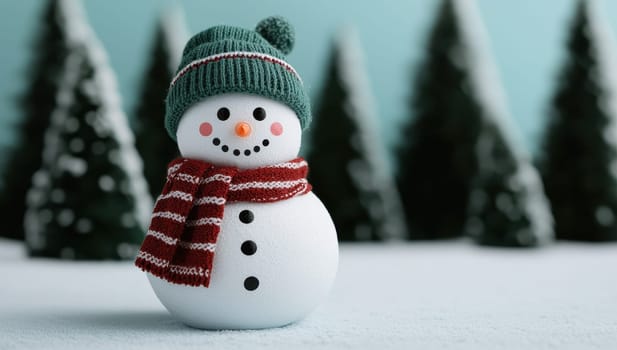 Cute snowman with a hat and scarf in a snowy forest. Winter holidays concept.
