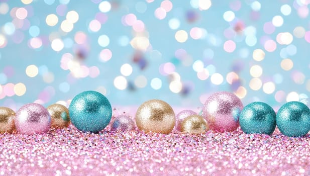 Colorful Christmas ornaments on a glittery pink background