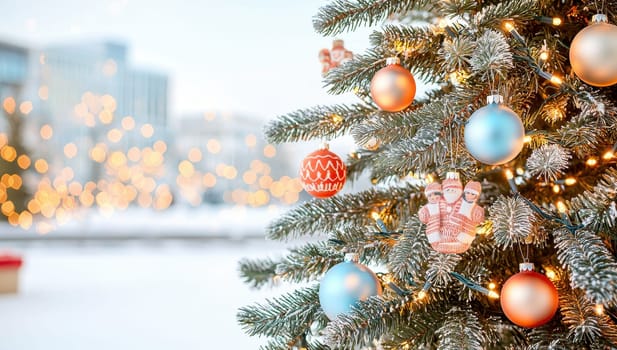 Christmas tree with colorful ornaments and lights on a snowy city street. Festive holiday background with bokeh lights.