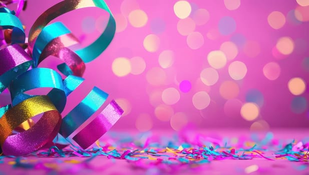 Colorful party streamers and confetti on pink background with bokeh. Festive celebration concept.