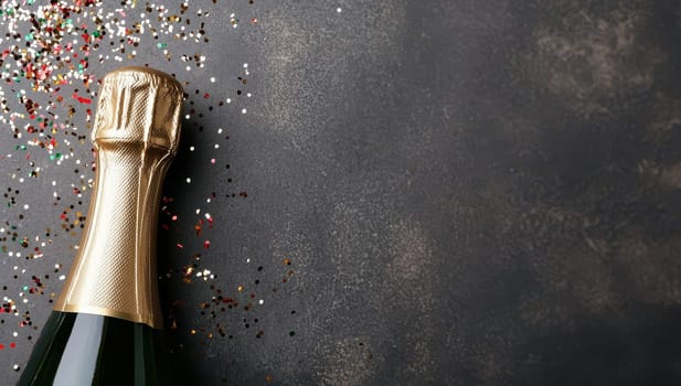 Champagne bottle and glitter on dark background, top view with space for text. Celebration, party concept.
