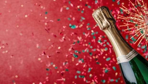 Champagne bottle with explosion of colorful confetti on red background. Celebration, party, festive concept.