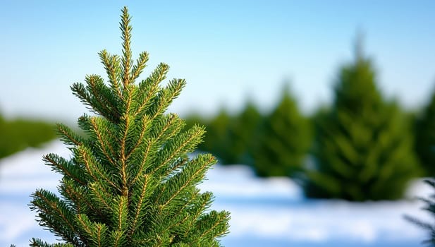 Fresh green pine tree in focus with more in the background on a Christmas tree farm covered in snow.