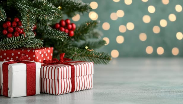 Christmas gifts under the tree with blurred lights in background. Christmas presents, festive holiday season concept.