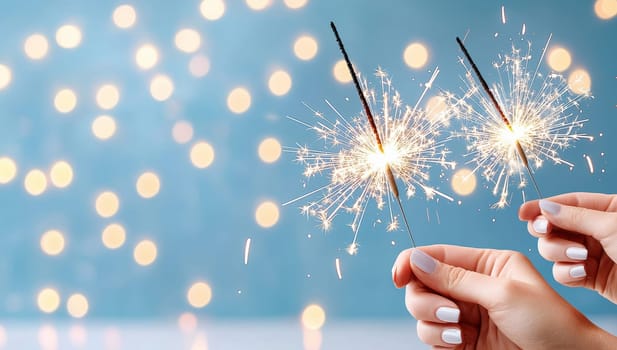 Woman's hands holding burning sparklers on festive blue background with bokeh. Celebration, party, festive holidays concept.