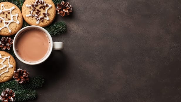 Hot chocolate and Christmas cookies on dark background