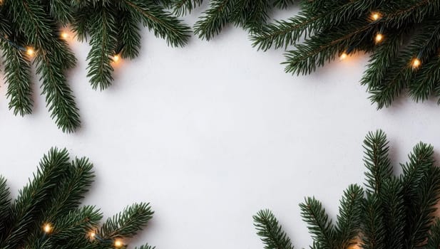 Christmas background with fir branches and lights on a white background. Festive backdrop with copy space.