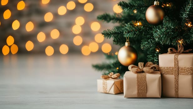 Christmas gifts wrapped in craft paper and tied with twine under a decorated Christmas tree with twinkling lights.