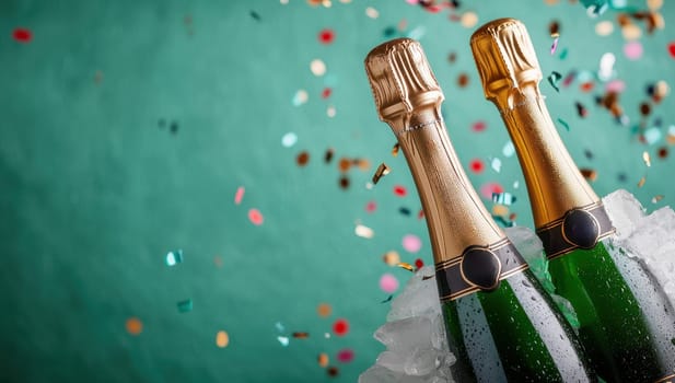 Two bottles of champagne chilling in ice bucket with confetti.