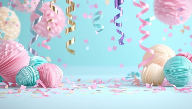 Festive pastel colored party background with paper decorations, confetti, and streamers on a blue backdrop.