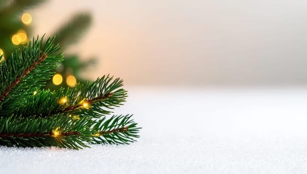 Christmas tree branch with lights on snow with copy space. Christmas background.