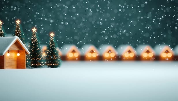 Idyllic miniature Christmas village with snow covered houses and illuminated Christmas trees in a snowy landscape. Christmas, winter, festive season concept.