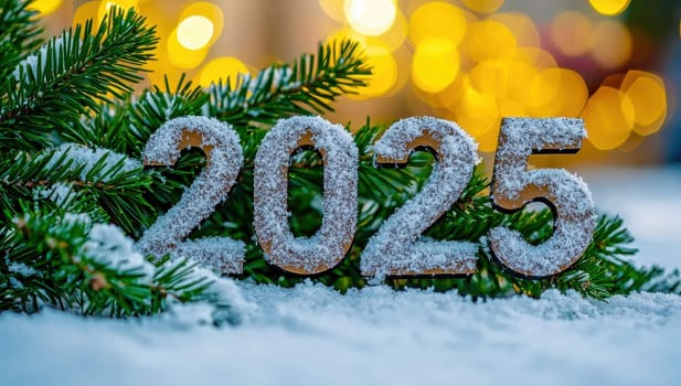 Happy New Year 2025. Wooden numbers covered with snow stand in the snow against a background of bokeh lights and fir branches.