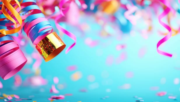 Colorful party streamers and confetti on a blue background