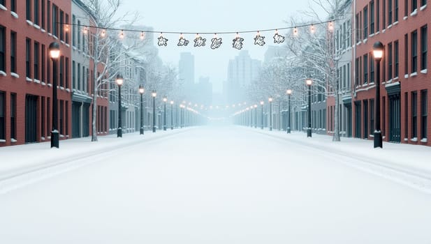 Snowy city street decorated with Christmas lights during a snowstorm. Winter, holiday, festive season.