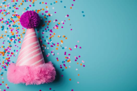 Pink party hat with a pom pom and colorful confetti on a blue background. Birthday celebration, party supplies, festive concept.