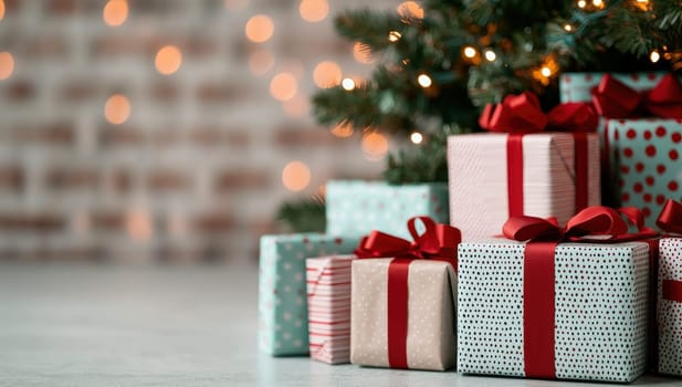 Christmas gifts wrapped in elegant paper and red ribbons under a decorated Christmas tree with sparkling lights. Holiday season, celebration, and giving concept.