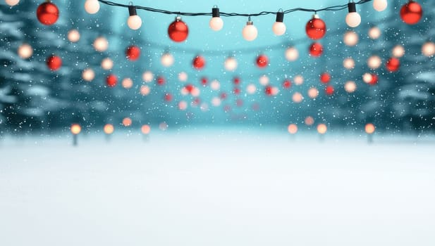 Christmas background with snow covered fir trees, string lights with red and white ornaments and falling snow. Festive winter holiday backdrop.