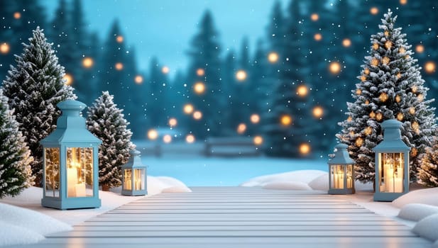 Magical Christmas night scene with lanterns and snowy fir trees in background. Festive winter wonderland with glowing lights and falling snow.