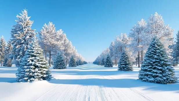 Snowy road through a winter forest covered in snow on a sunny day.