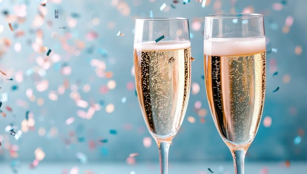 Two champagne glasses with confetti, celebrating New Year's Eve or a special occasion.