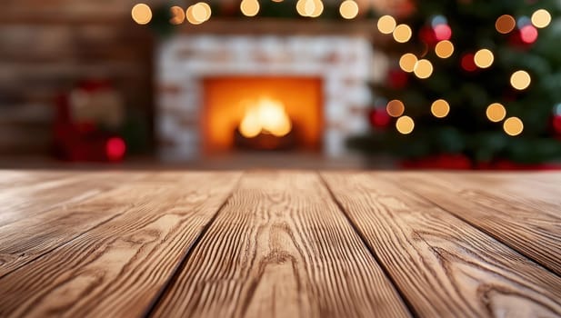 Empty wooden table in front of fireplace and Christmas tree with blurred lights. Festive background with space for product or text.
