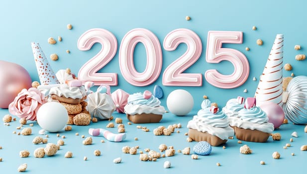 Happy New Year 2025. Festive background with sweets, cupcakes, meringues and 2025 number. 3D render.