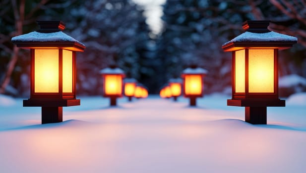 Glowing lanterns in snowy winter landscape