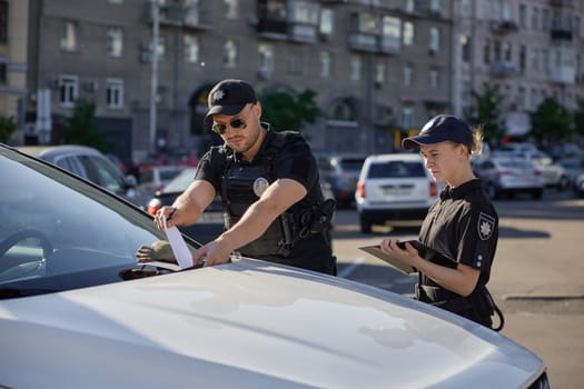 Police patrolman and patrolwoman putting fine for car parking in wrong place. Prevention of traffic rules violation