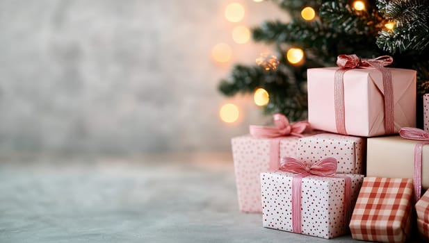 Christmas gift boxes wrapped in pink and beige paper under a decorated Christmas tree with lights. Festive holiday background with copy space.